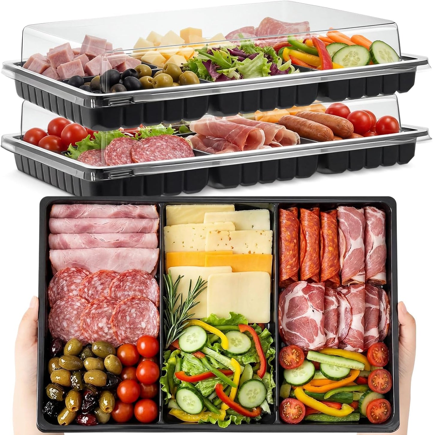 Shellwei 5 Pack Extra Large Charcuterie Board with Lid 15 x 10 Inch 3 Section Divided Catering Trays with Lids Large Disposable Travel Catering Serving Trays Platter (Black)