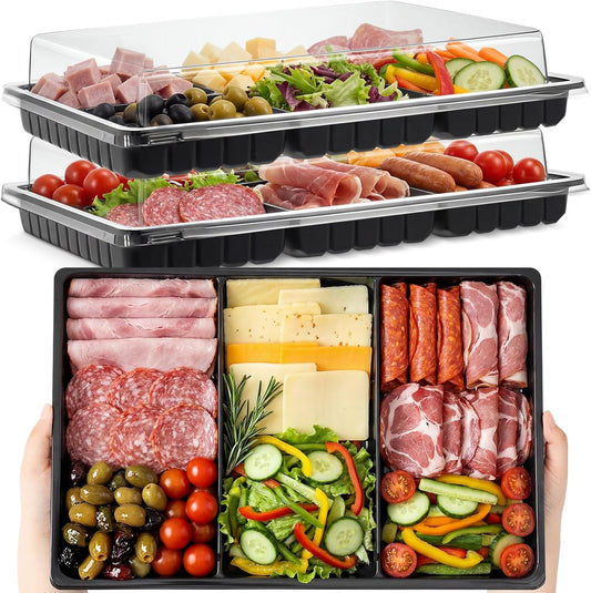 Shellwei 5 Pack Extra Large Charcuterie Board with Lid 15 x 10 Inch 3 Section Divided Catering Trays with Lids Large Disposable Travel Catering Serving Trays Platter (Black)