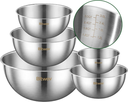 304 Stainless Steel Mixing Bowls Set of 5, 1.1/1.6/1.9/2.5/3.5 QT Food Grade Metal Bowls with Measurement Marks, Dishwasher Safe & Stackable Nesting for Baking, Salads, Meal Prep, RV & Camping
