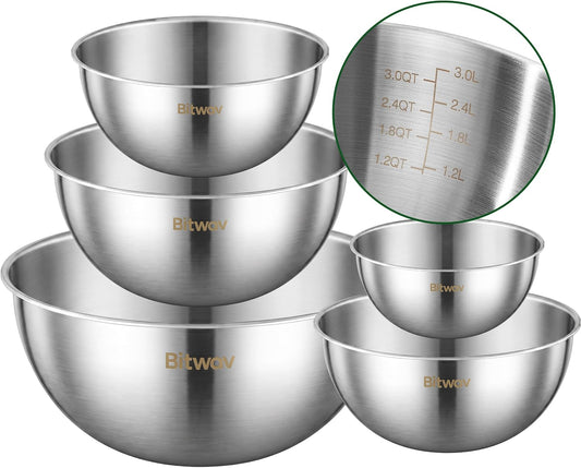304 Stainless Steel Mixing Bowls Set of 5, 1.1/1.6/1.9/2.5/3.5 QT Food Grade Metal Bowls with Measurement Marks, Dishwasher Safe & Stackable Nesting for Baking, Salads, Meal Prep, RV & Camping