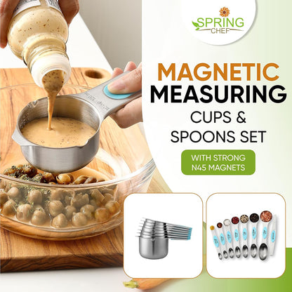 Spring Chef Magnetic Measuring Cups & Spoons Set, Patented, Strong N45 Magnets, Heavy Duty Stainless Steel Fits in Spice Jars for Baking & Cooking, BPA Free, Round Set of 15 with Leveler, Black