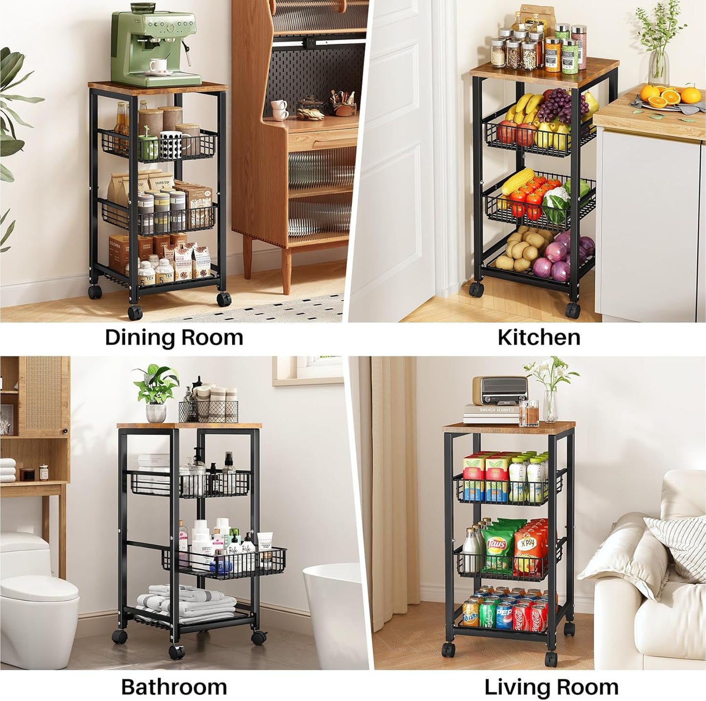SNTD Fruit Basket Vegetable Stand for Kitchen Pantry, Pull Out Metal Wire Basket with Wood Top for Fruit Vegetable Onions Potatoes Snacks