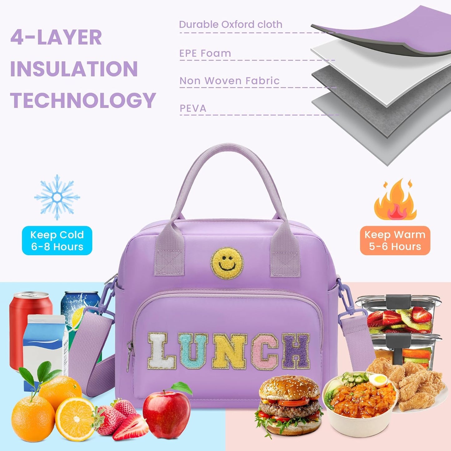 RLGPBON Insulated Lunch Bag Teen Girls, Preppy Lunch Box Large Insulated Lunch Bag Reusable Lunch Tote Bag, Preppy LunchBag for Girls School Travel Picnic