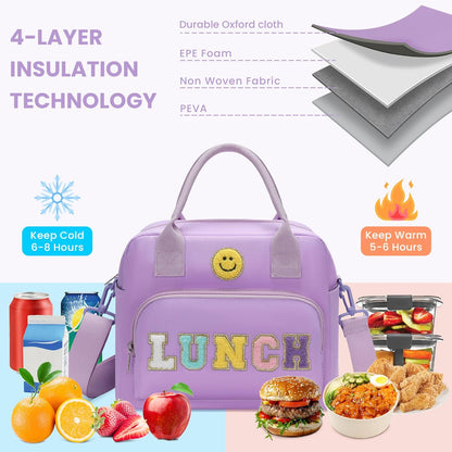 RLGPBON Insulated Lunch Bag Teen Girls, Preppy Lunch Box Large Insulated Lunch Bag Reusable Lunch Tote Bag, Preppy LunchBag for Girls School Travel Picnic