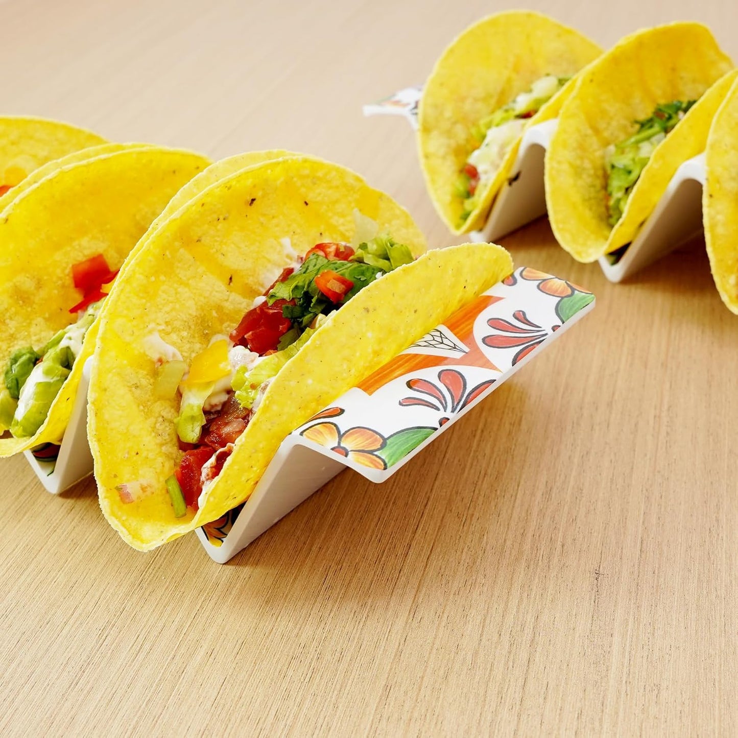 TP Taco Holder Stands, Set of 2 Melamine Large Taco Serving Rack Tray with Handle, Holds 3 Tacos, Dishwasher Safe, Ideal for Taco Night, Party, Home, Fiesta, Talavera Tile