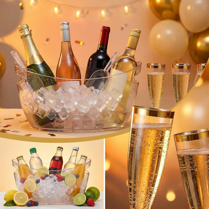 meekoo 104 Pcs Ice Buckets for Parties Set, 2 Pack 5.5l Clear Beverage Tub, 100 Pack 4.5oz Plastic Champagne Flutes, 2 Ice Scoops, Mimosa Bar Drink Supplies for Beer Wine Champagne Juice(Clear)