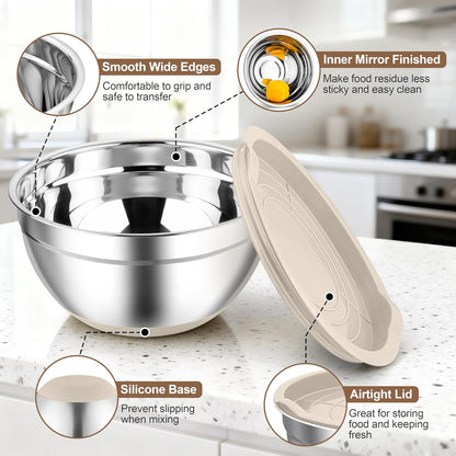 TeamFar Mixing Bowls, Stainless Steel Mixing Bowls with Lids, Nesting Salad Bowls with Air-tight Lids & Non-slip Bottom, Dishwasher Safe & Stackable, Set of 6-4.6/2.6/2 / 1.5/1 / 0.7 Qt