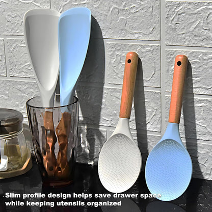 Silicone Spatula and Rice Spoon with Wooden Handle, Non-Stick, Heat Resistant, for Cooking, Mixing, Scooping (White, 9-inch rice spoon)