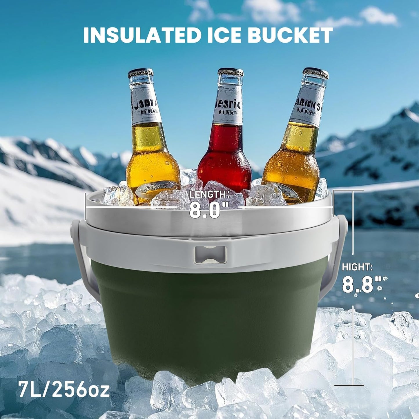 COKTIK 7L Vacuum Insulated Ice Bucket with Lid and Scoop& Tongs，Large capacity Stainless Steel Beverage Bucket for Cocktail, Champagne, Wine, Beer，Large Parties（Milk White Suit）