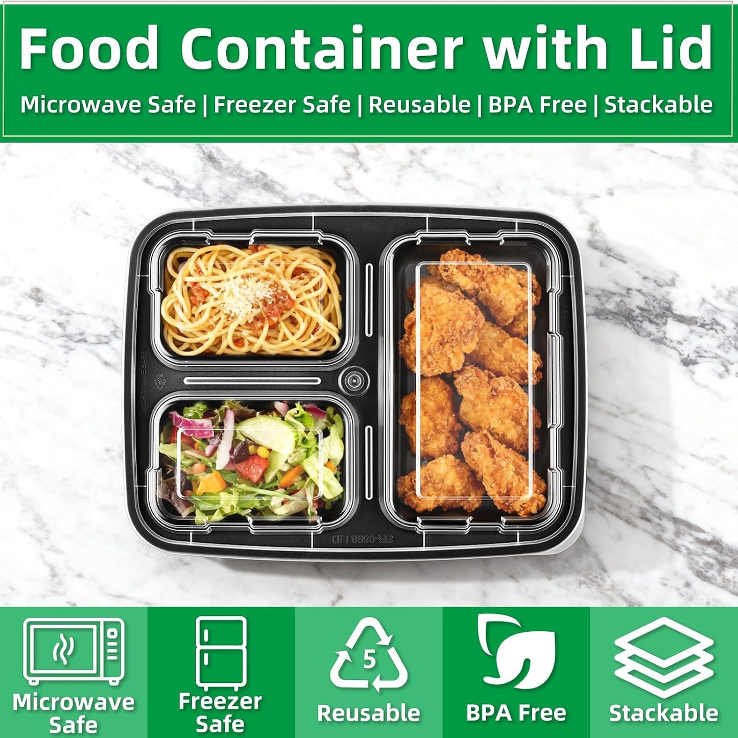 Meal Prep Containers 2 Compartment 15 Pack, 28 oz Divided Reusable Food Storage Containers with Lids Takeout Food Storage Containers Black, Microwave Dishwasher Freezer Safe, Stackable, BPA Free