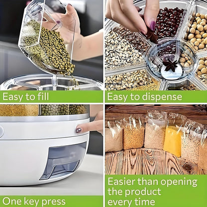Rotating Grain Storage Bin 6 Grids Rice Container One-Click Output Large Capacity Food Dispenser For Rice Grains Sealed Moisture Proof Organizer (Grey) (Small)