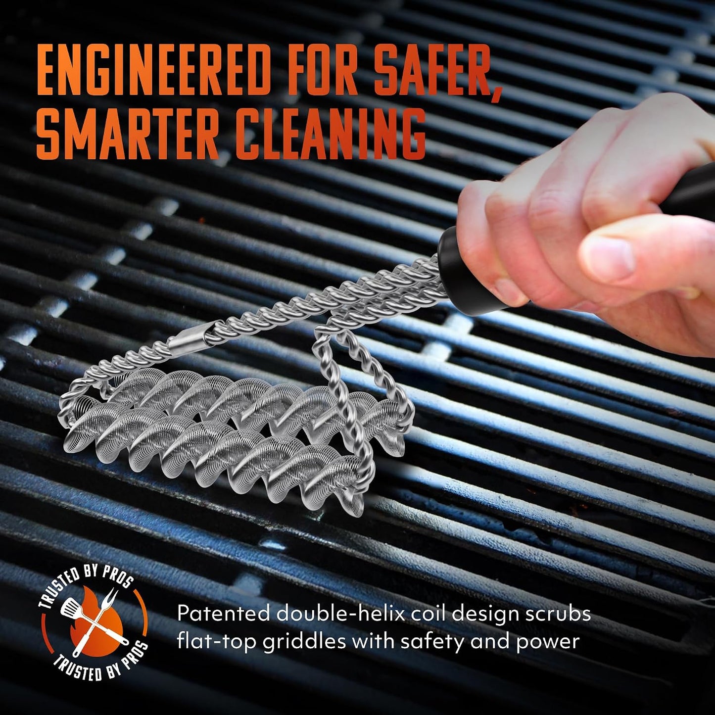 Brushtech Double Helix Grill Brush, 16″ Flat BBQ Grill Cleaner - Bristle‑Free Coil Springs Clean Tops & Sides - Stainless Steel, Long Reach Handle, Heavy‑Duty BBQ Tool for Gas & Charcoal Grates