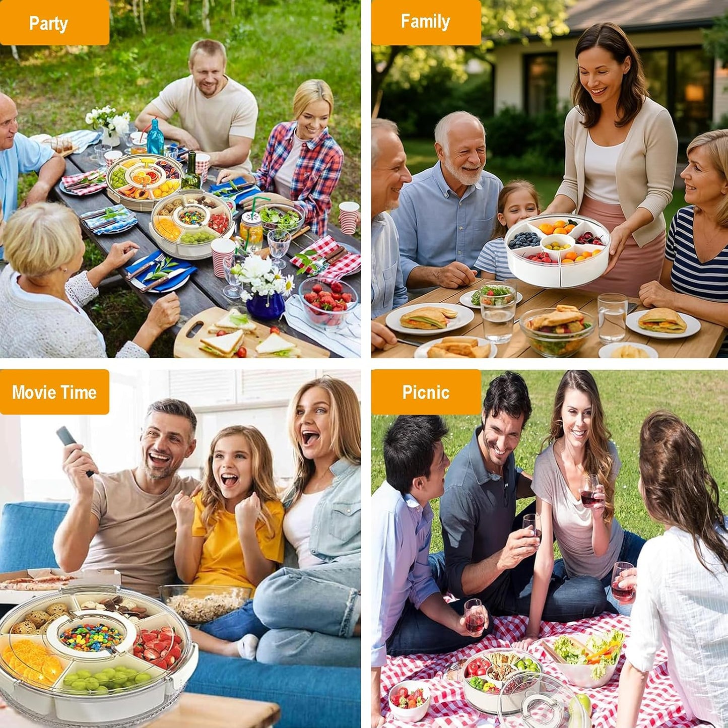 Divided Serving Tray with Lid and Handle, 360° Rotating Snackle Box Container, Stackable Storage Box for Fruit Candy Veggie Spice, Portable Organizer for Kitchen Party Travel Picnic, 10.63x2.95 Inch