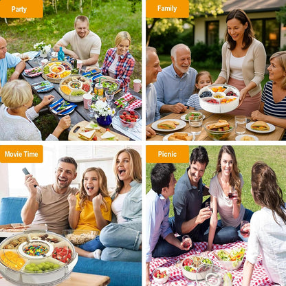 Divided Serving Tray with Lid and Handle, 360° Rotating Snackle Box Container, Stackable Storage Box for Fruit Candy Veggie Spice, Portable Organizer for Kitchen Party Travel Picnic, 10.63x2.95 Inch