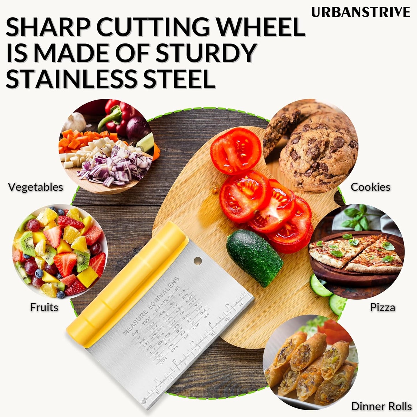 Urbanstrive Bench Scraper for Baking, Stainless Steel Dough Cutter and Scraper Tool Kitchen, Kitchen Scraper Food Scraper Tool Pizza Cutter Food Chopper, Multi-Purpose Kitchen Gadgets, Black