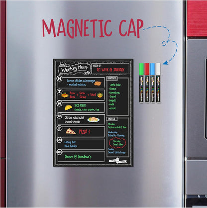 CHALKY CROWN Acrylic Magnetic Weekly Planner for Fridge - Menu Board for Kitchen with 8 Magnetic Markers - Weekly Meal Planner for Fridge with Grocery List & Notepad - Menu Planner (14.5x10.2)