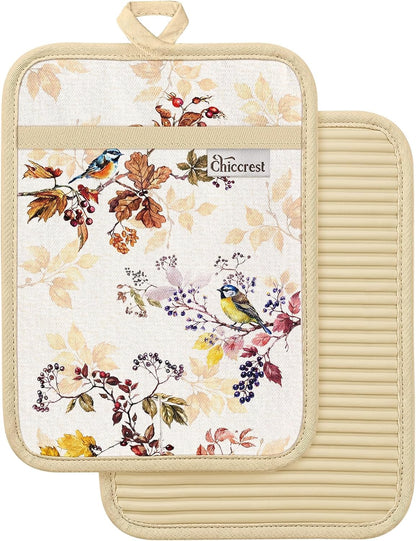 100% Thick Cotton Pot Holders Ribbed Soft Silicone Bright Flower