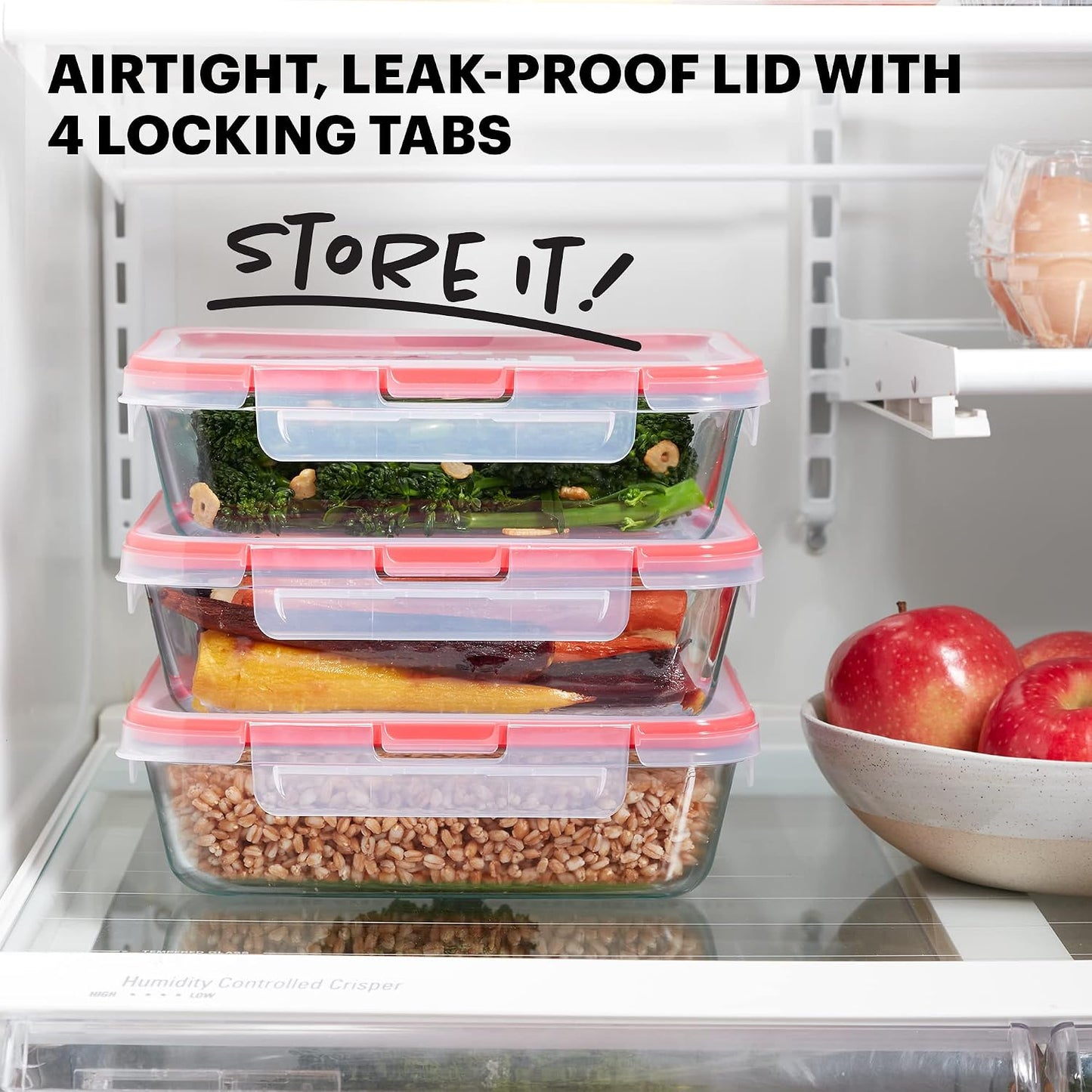 Pyrex Freshlock (4-Pack) Mixed Sized Glass Food Storage Containers Set, Airtight & Leakproof Plastic Locking Lids BPA-Free, Meal Prep Containers Set, Freezer Dishwasher Microwave Safe