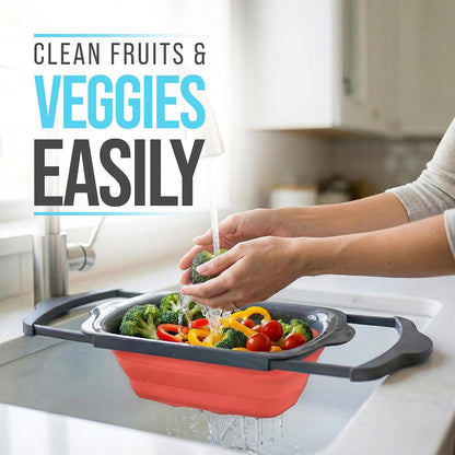 Comfify Coral XL Collapsible Silicone Over Sink Colander – 6 Quart | Coral; extends to 25" to span most sinks hands available; collapses flat; 6 Qt; heat resistant to 176°F; pasta, veg, fruit