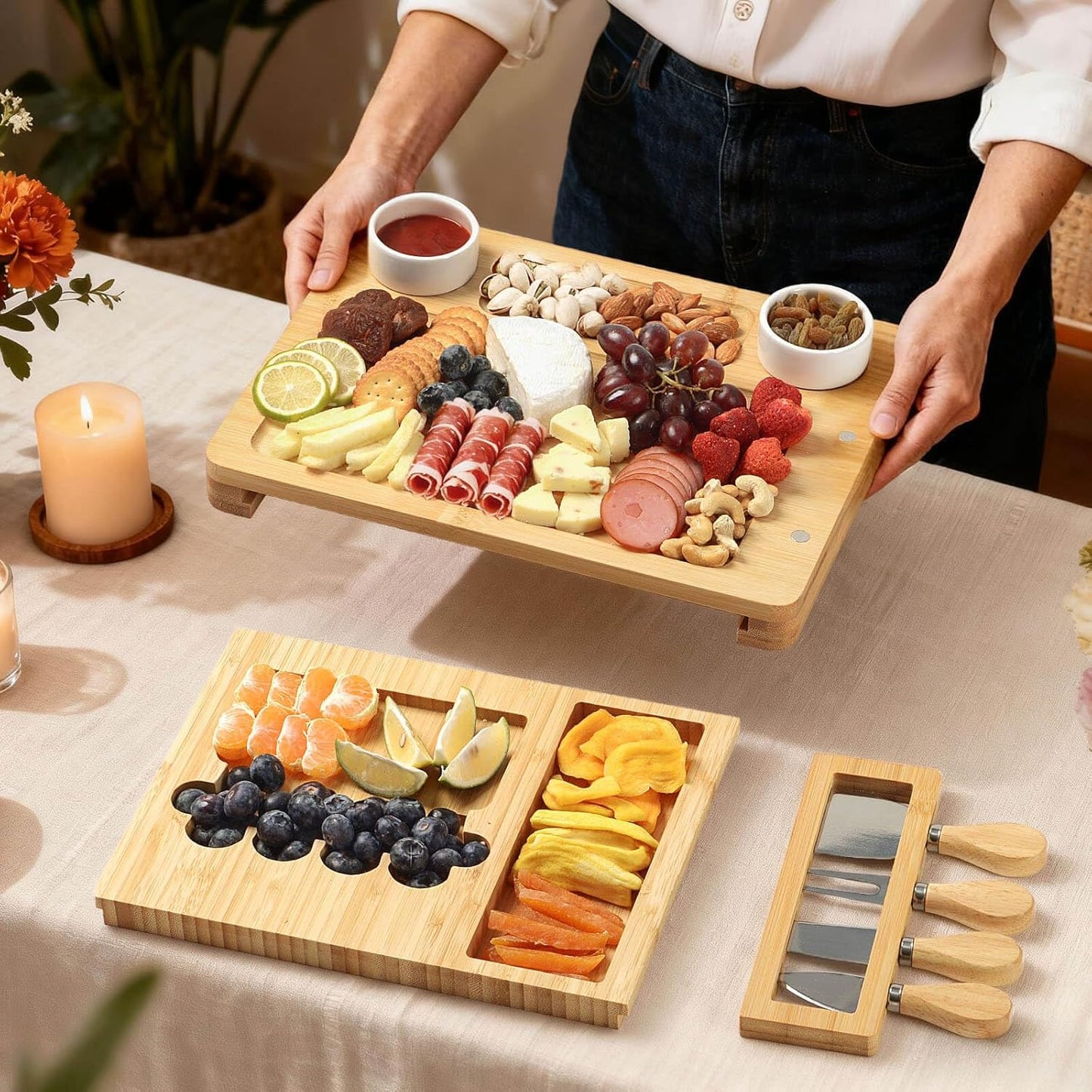 Bamboo Cheese Board Set - Charcuterie Boards and Serving Meat Platter, Cheese Tray with 4 Stainless Steel Cheese Knives Cutting Board Platter, Ideal for Halloween, Wedding, Christmas Gifts
