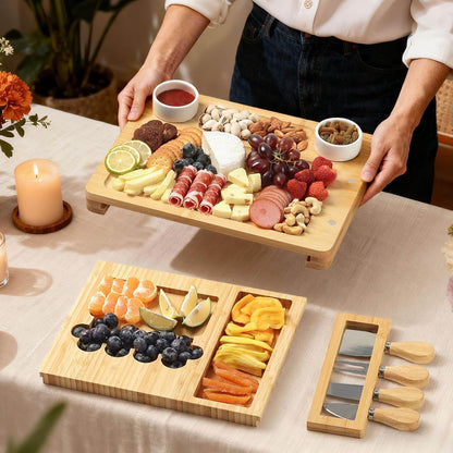 Bamboo Cheese Board Set - Charcuterie Boards and Serving Meat Platter, Cheese Tray with 4 Stainless Steel Cheese Knives Cutting Board Platter, Ideal for Halloween, Wedding, Christmas Gifts