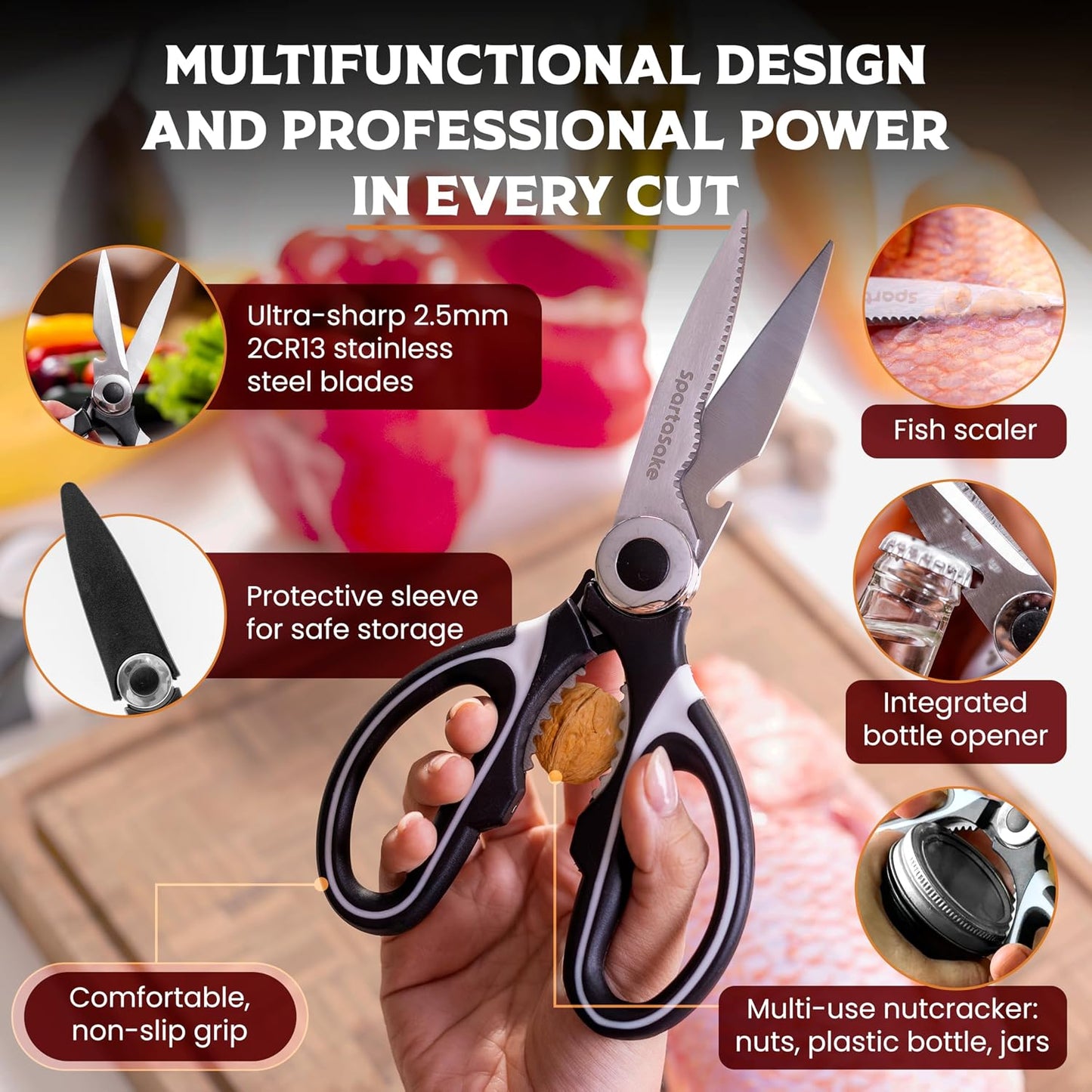 SpartaSake Premium Stainless Steel All Purpose Kitchen Shears with Sleeve - Heavy Duty Ultra Sharp kitchen Scissors for Food - Multipurpose Food Scissors for Meat Poultry Vegetable (Black-White)