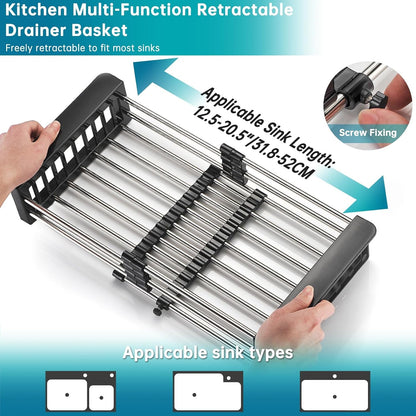 Dish Drying Rack, Over The Sink Dish Drying Rack, Stainless Steel Dish Drainer with Adjustable Arms Holder Functional Kitchen Sink Organizer for Vegetable and Fruit