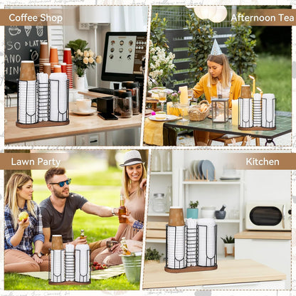 Coffee Cup Dispenser, 3 Compartment Disposable Cup and Lid Holder with Wood Base, Coffee Cup Organizer for Countertop Plastic Cup Station