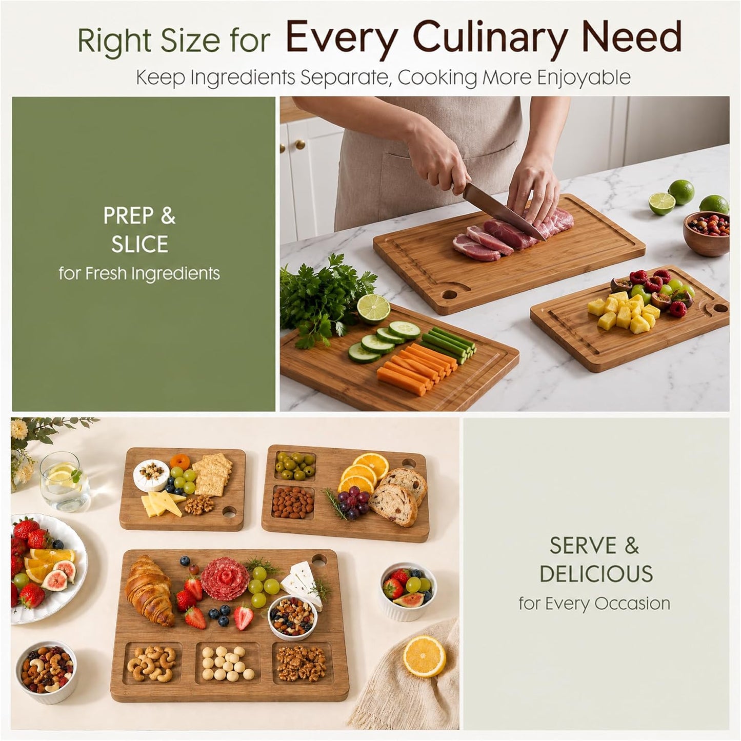 Bamboo Cutting Board for Kitchen, 3-Piece Wooden Cutting Board Set with Deep Juice Grooves, Side Handles, Non-Slip Mats, Reversible Chopping Boards for Meat, Veggies, Fruit, Cheese Serving