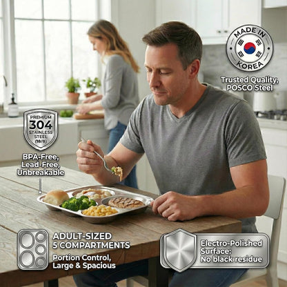 Korean Stainless Steel Divided Plates for Adults, Teens, Premium 304, Electro-Polished, No Black Residue, BPA-Free, Large 5-Compartment Food Tray, Diet Portion Control, Camping, Set of 2