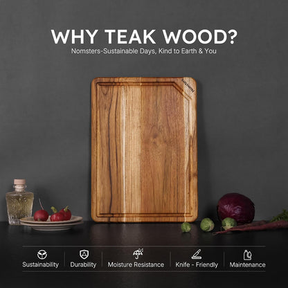 3 Pack Teak Wood Cutting Board Set for Kitchen Charcuterie Board Serving Heavy Duty Non Toxic Slip Hardwood Over Sink Solid Thick Haus Wooden Chopping Board Large Big Small Meat Best Essential Gift