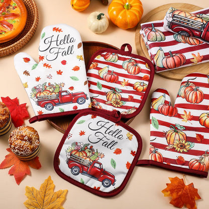 Qinyoung 6 Pcs Fall Kitchen Decor Pumpkin Pot Holders and Oven Mitt Sets
