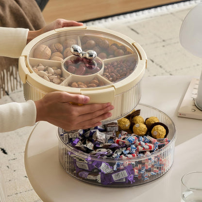 2-Tier Divided Serving Tray with Lid & Bow Knob – Large Stackable Snack Vegetable Trays Container for Fruit Veggie Candy Nuts & Cookies – Ideal for Party Buffet & Home (Clear Black)