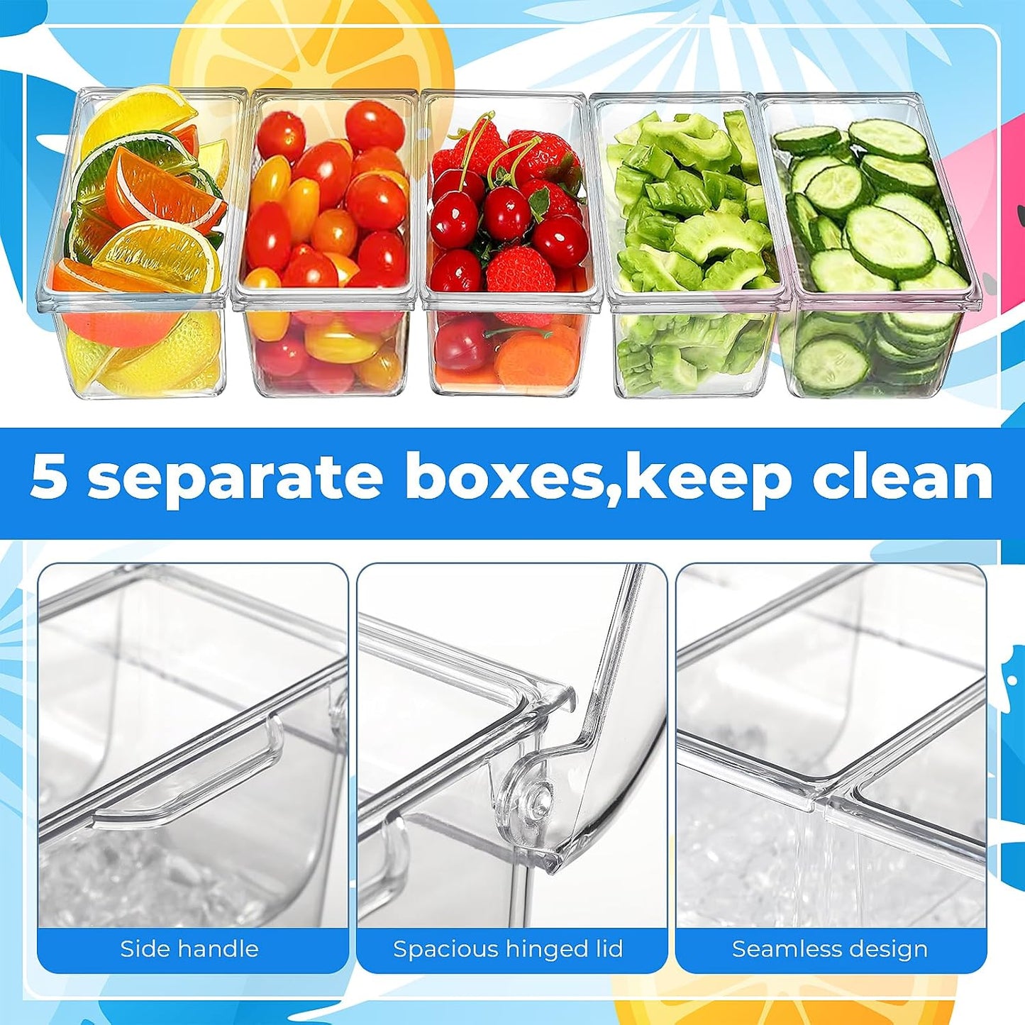 Condiment Containers Server with Lid,Ice Tray,Condiment Organizer,Chilled Caddy,Bar Garnish Holder on Ice,Dispenser,Salad Platter for Parties and Restaurants