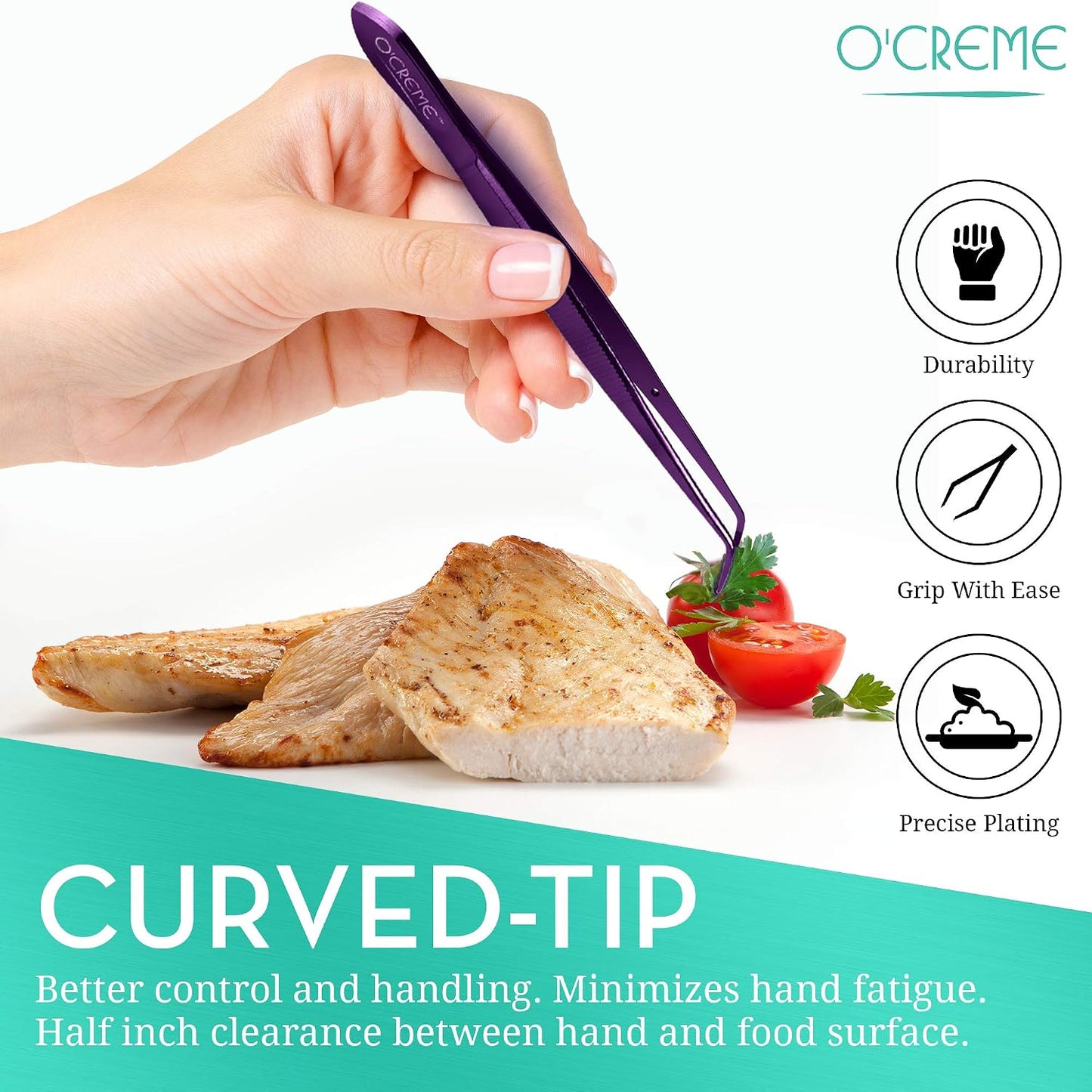 O'Creme Stainless Steel Precision Kitchen Tweezer Tongs 6.25" with Fine Tip (Purple)