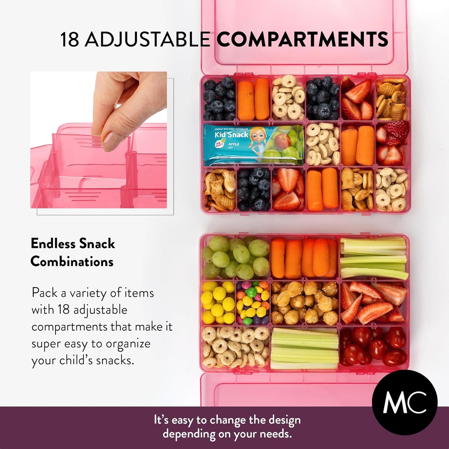 Large Kids Snack Box Containers Set of 2 -100 Labels, BPA-Free, Adjustable Compartments, Dishwasher Safe, Reusable Tray, Food Grade, Meal Prep Container, PARENT TESTED PARENT APPROVED AWARD (Clear)