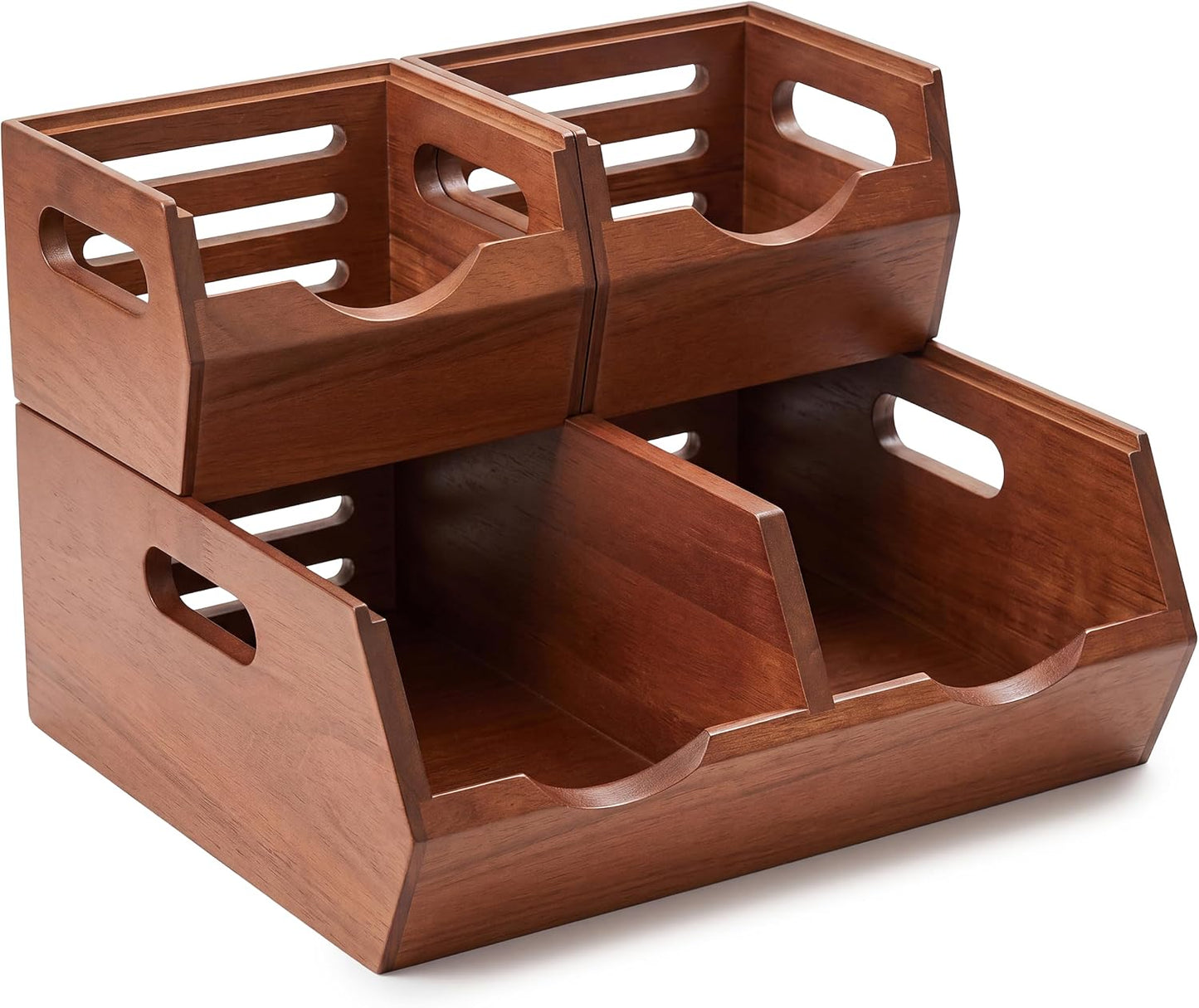 HOMESTEAD Stackable Solid Wood Storage Bins for Kitchen Pantry & Countertop, Ventilated Potato and Onion Basket Organizer with Handles, Wooden Produce Storage Containers, 3-Pack, Chestnut Finish
