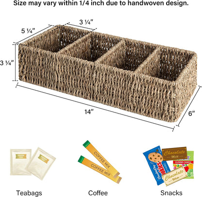 StorageWorks Small Wicker Basket for Organizing with 4-Section, Natural Water Hyacinth Storage Baskets with Dividers for Pantry Shelves, 2-Pack