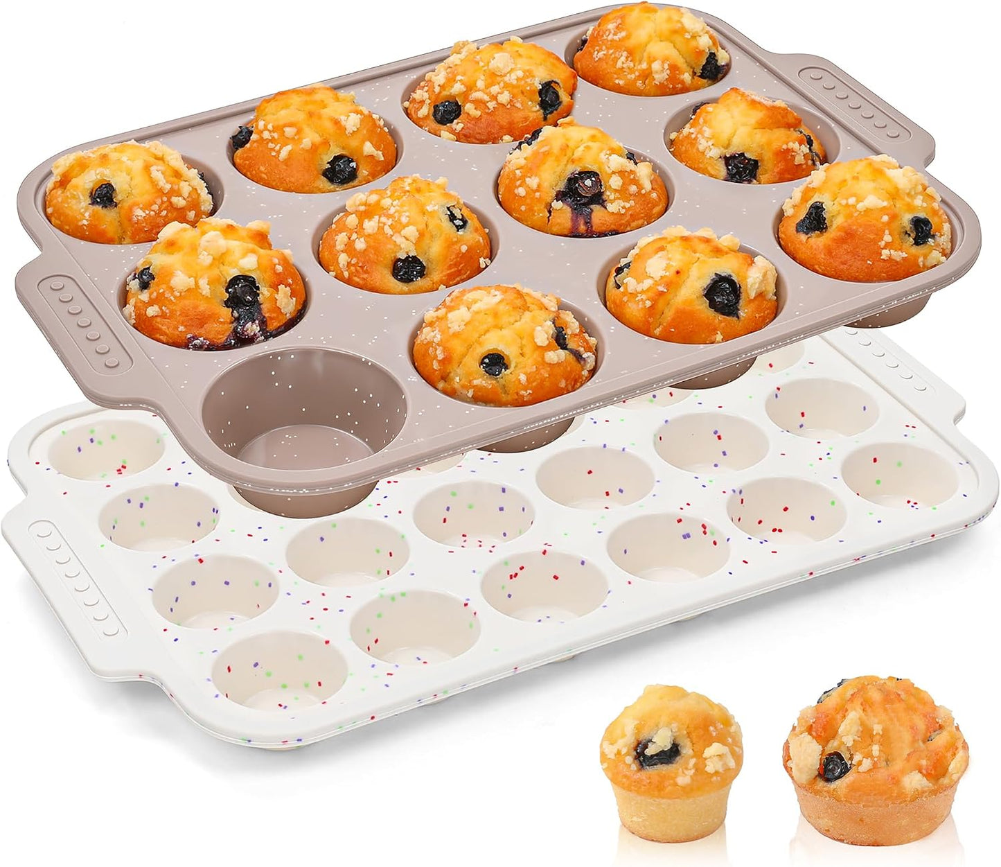 2 Pcs Silicone Muffin Pans for Baking with Metal Reinforced Frame, Nonstick Cupcake Tray for Oven, 12 Cups Regular Size Silicone Molds for Egg Bites, Dishwasher Safe (Brown, Cream)