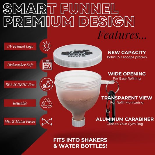 Protein Powder Funnel to Go with Carabiners & Reinforced Caps - 4 Pack (Water Bottle Approve)