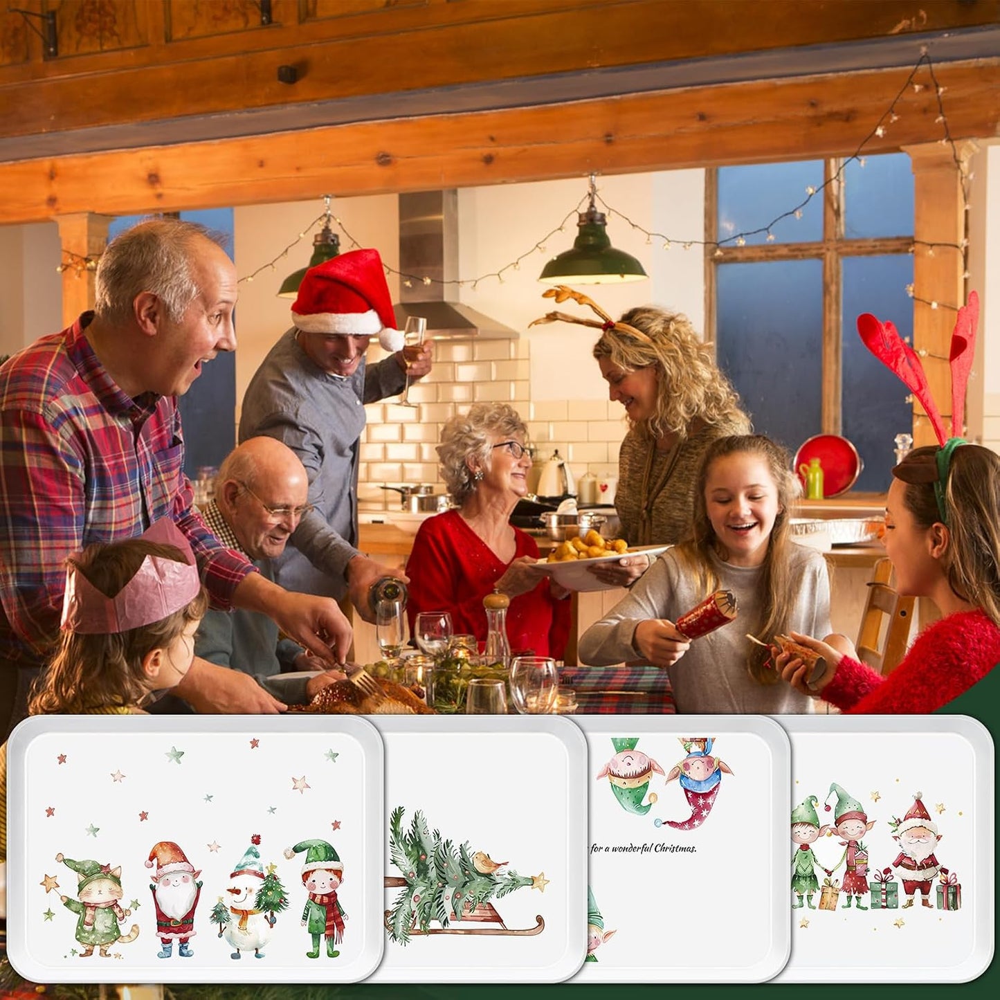 4-Piece 15 x 11 Inch Christmas Serving Tray Set, Reusable Melamine Platters with Cute Elf Cartoons, Holiday Party Trays for Snacks, Fruit, Desserts, and Candy, Rectangular Design