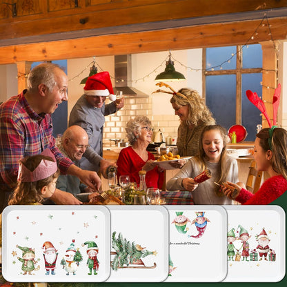 4-Piece 15 x 11 Inch Christmas Serving Tray Set, Reusable Melamine Platters with Cute Elf Cartoons, Holiday Party Trays for Snacks, Fruit, Desserts, and Candy, Rectangular Design