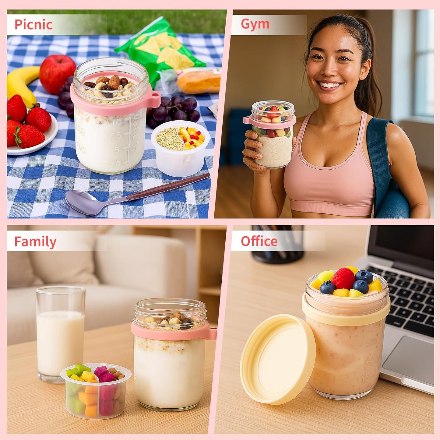 6 Packs Overnight Oats Containers with Lids, 16 Oz Glass Mason Jars with Spoons and Removable Separate Compartments Large Airtight Overnight Oats Jars for Milk Yogurt Fruit Salad