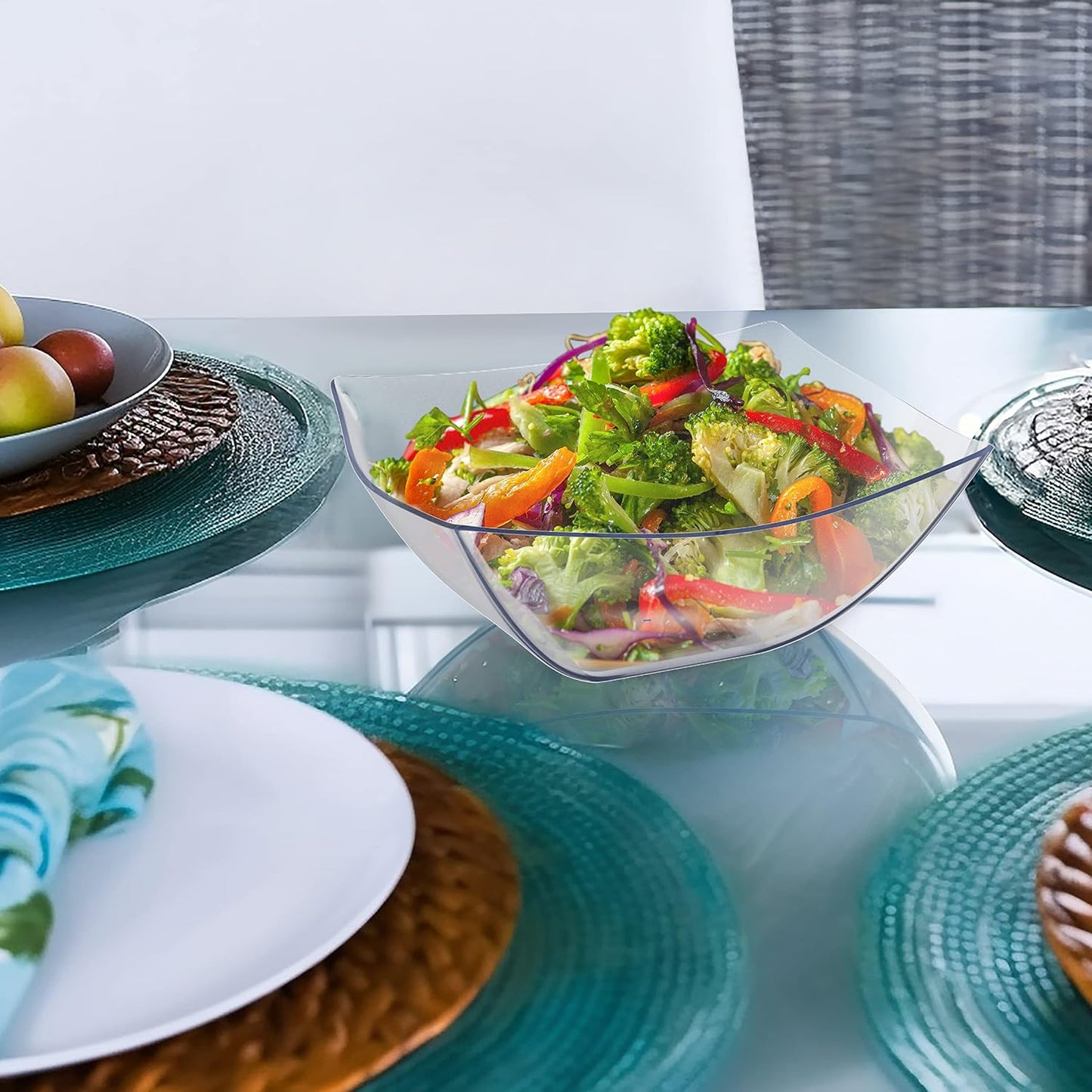 R-kay 6 Pack Square Plastic Serving Bowls - Clear Plastic bowls 16 Oz - Disposable Serving Bowls Heavy Duty For Weddings Catering And Birthday parties