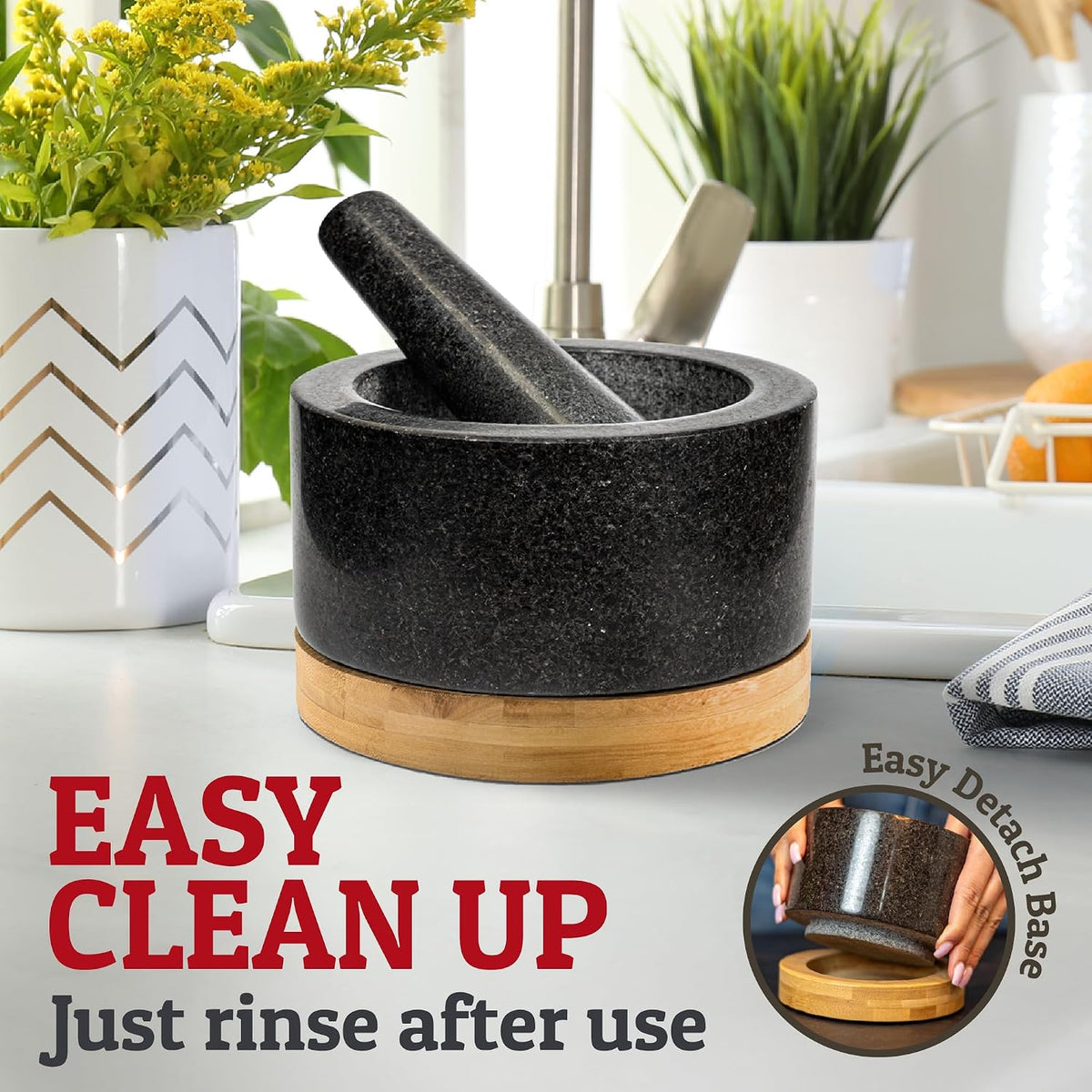 PriorityChef Heavy Duty Mortar and Pestle Set with Bamboo Base, 100% Natural Granite Stone Grinder, Guacamole Bowl and Masher, 1.5 Cups, Black