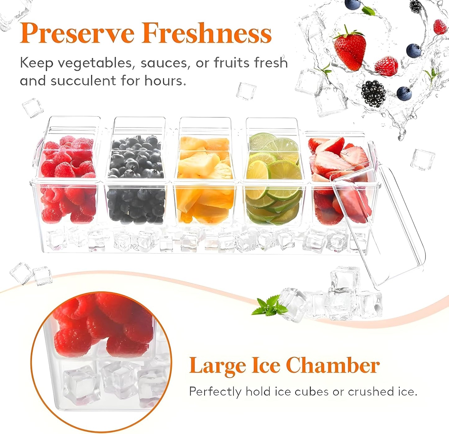 𝐋𝐚𝐫𝐠𝐞 Ice Chilled Condiment Server Caddy with 5 Removable Compartments (2.5 Cup), Clear Garnish Tray with Lids – Fruit, Salad, Taco, Bar Platter – Free Stainless Steel Accesories