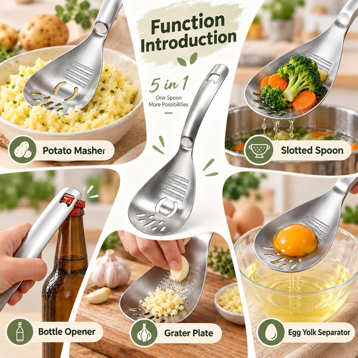 5-in-1 430 Stainless Steel Cooking Spoon, Egg Yolk Separator for Kitchen