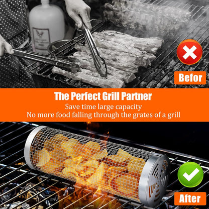 10-Piece BBQ Set: 2 Rolling Grill Baskets for Effortless Flipping, 304 Stainless Steel for Easy Clean, Sausage & Vegetables, Oil Bottle, Forks, Brushes, Outdoor Camping Grilling Accessories, Gifts for Men Dad Husband