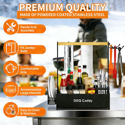 Picnic Caddy BBQ Utensil Caddy for Outdoor Grill Camping for Plate Cutlery CompartmentStorage with 3 Hooks Kitchenn Barbecue Accessories RV Patio Tailgate EssentialsEasy Carry Grilling Gifts for Men