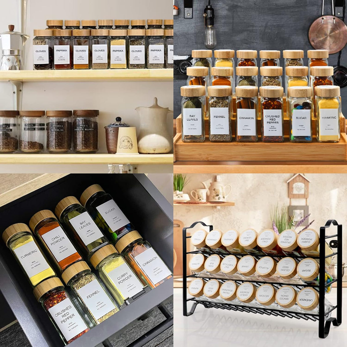 AISIPRIN Glass Spice Jars with 398 Labels, 24 pcs 4oz Spice Containers with Bamboo Lids, Square Spice Bottles With Shaker Lids,Spice Organization for Cabinet,Drawer,Rack,Seasoning Organizer